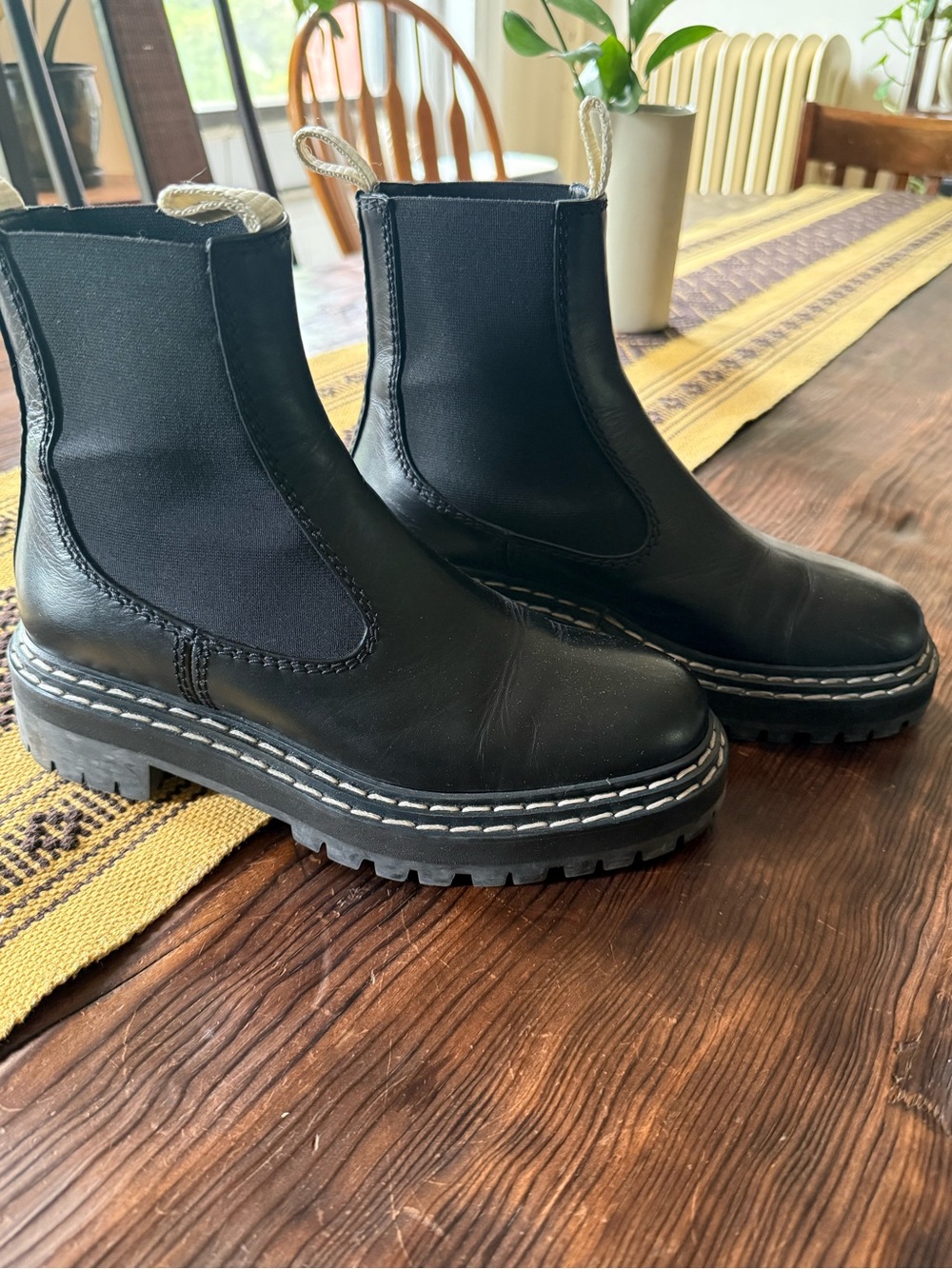 Proenza Schouler Black Leather Chelsea Lug Sole Boot with Cream Pull Tabs